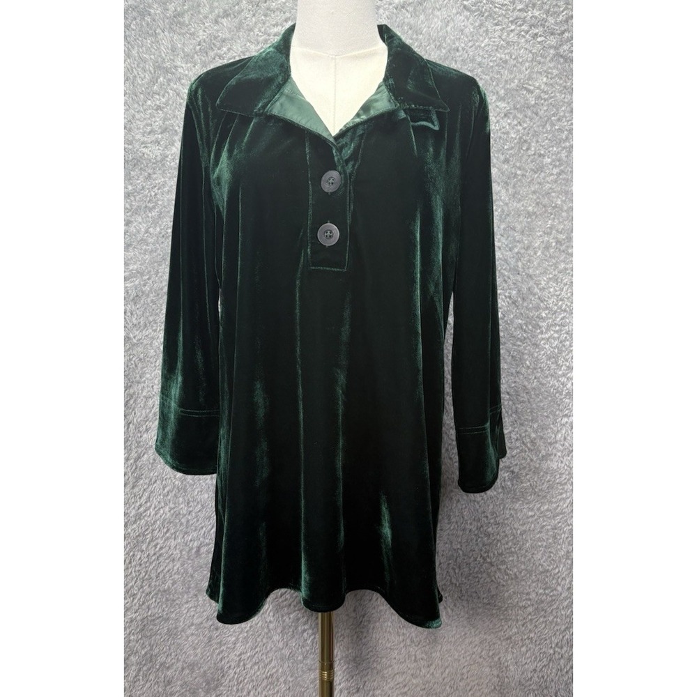 Coldwater Creek Womens S Green Velvet Tunic Top Collared 3/4 Sleeve Whimsigoth